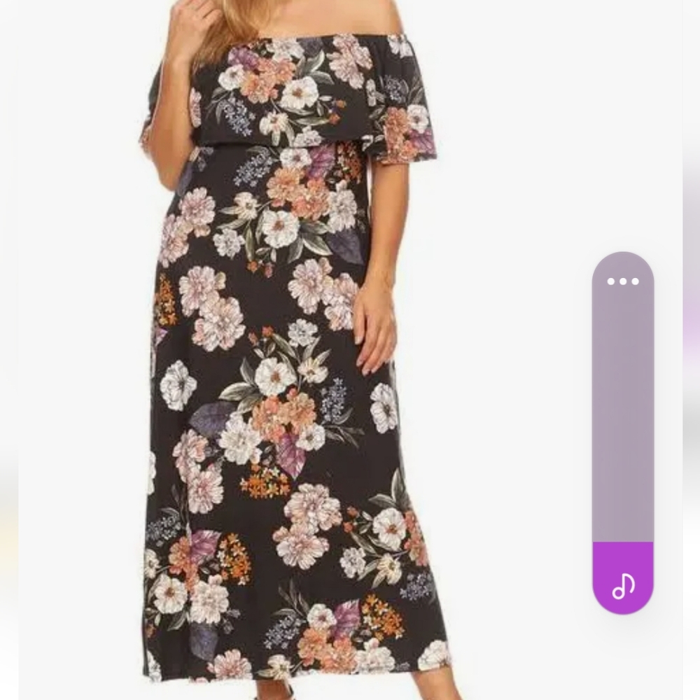 Vibe Sportswear Black Floral Print Dress Off The Shoulder Maxi Dress - Picture 2 of 6